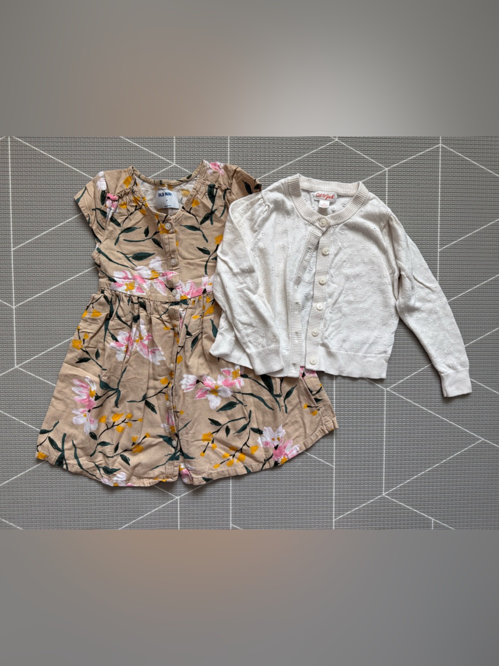 Old Navy|Baby girl/toddler Floral Tan linen button down dress & Cream Cardigan•